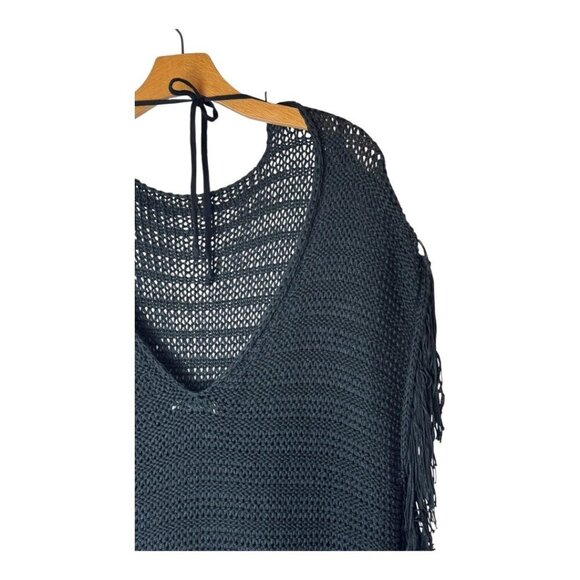 Zara Sweater Women Small Black Open Knit‎ V Back Fringe Sides Short Sleeve Tunic - Picture 7 of 12